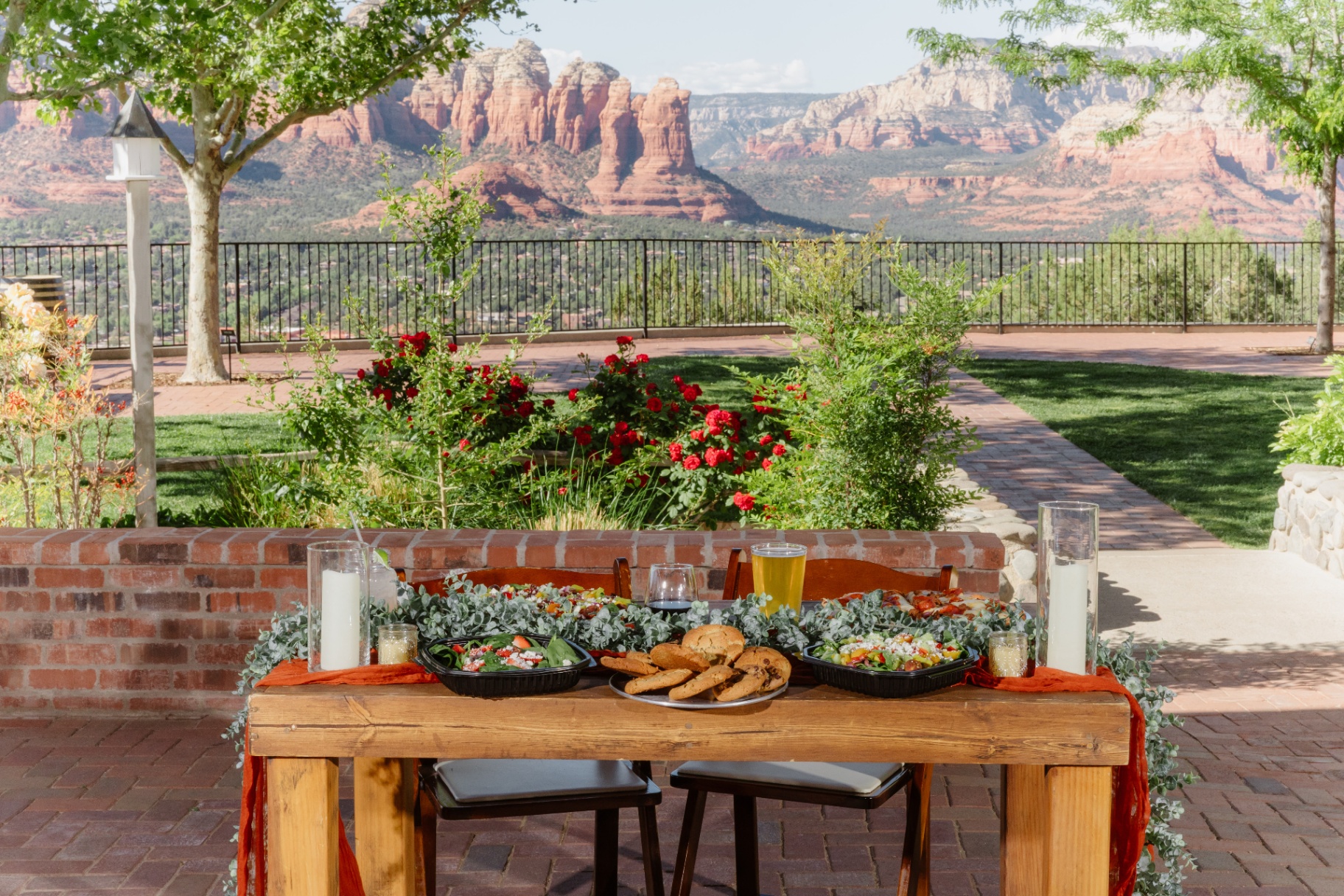 Picnic table set with red rock views