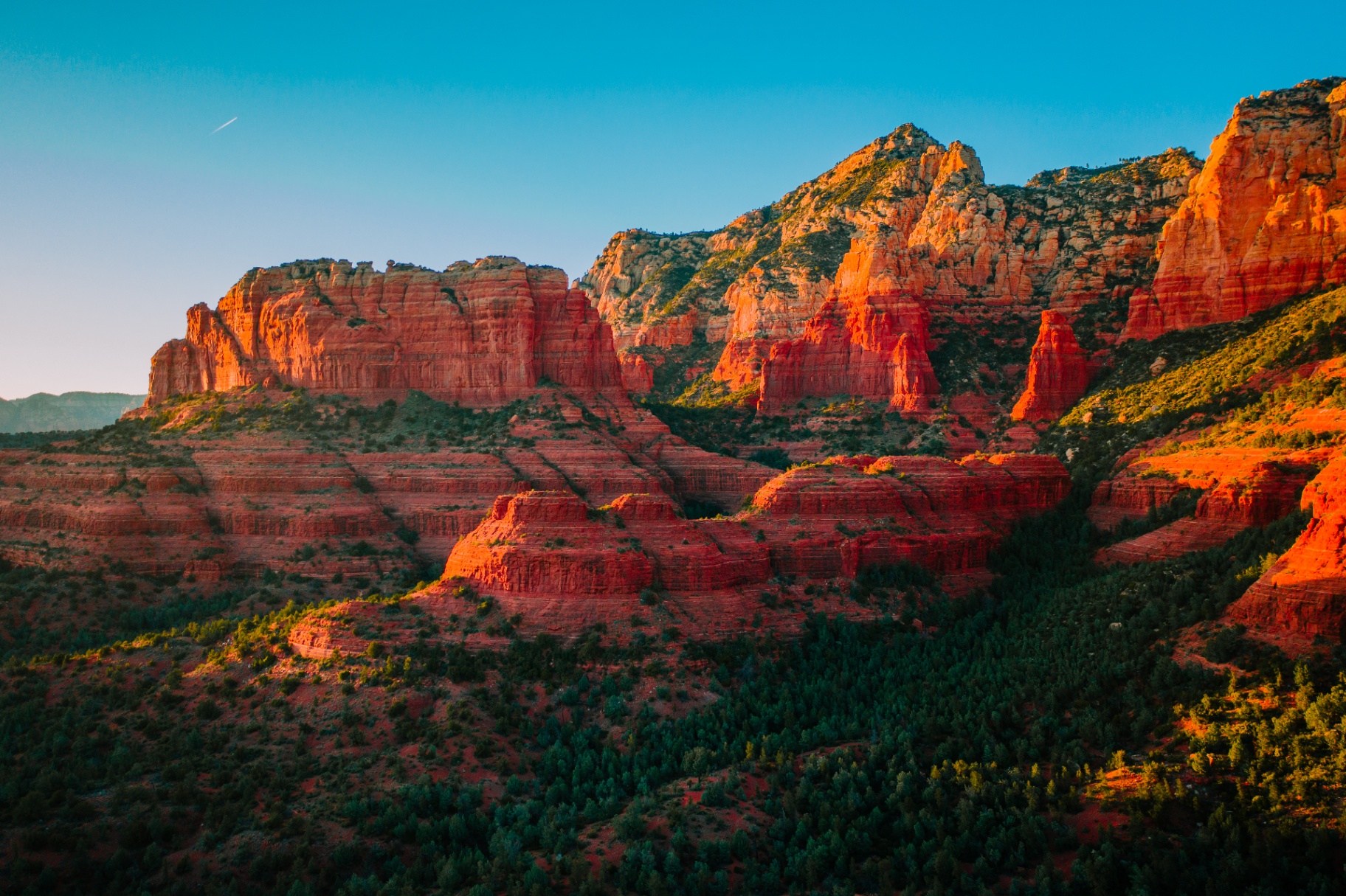 Aerial panorama of Sedona red rock formations at golden hour