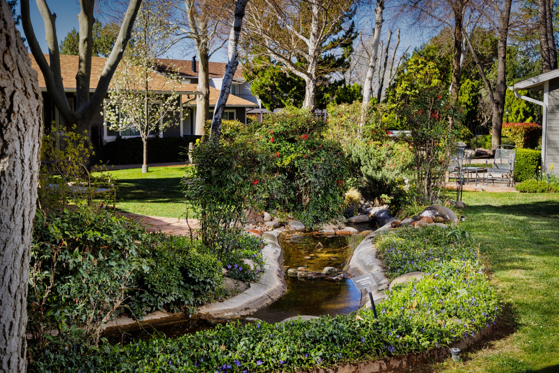 Landscaped stream winding through the garden grounds