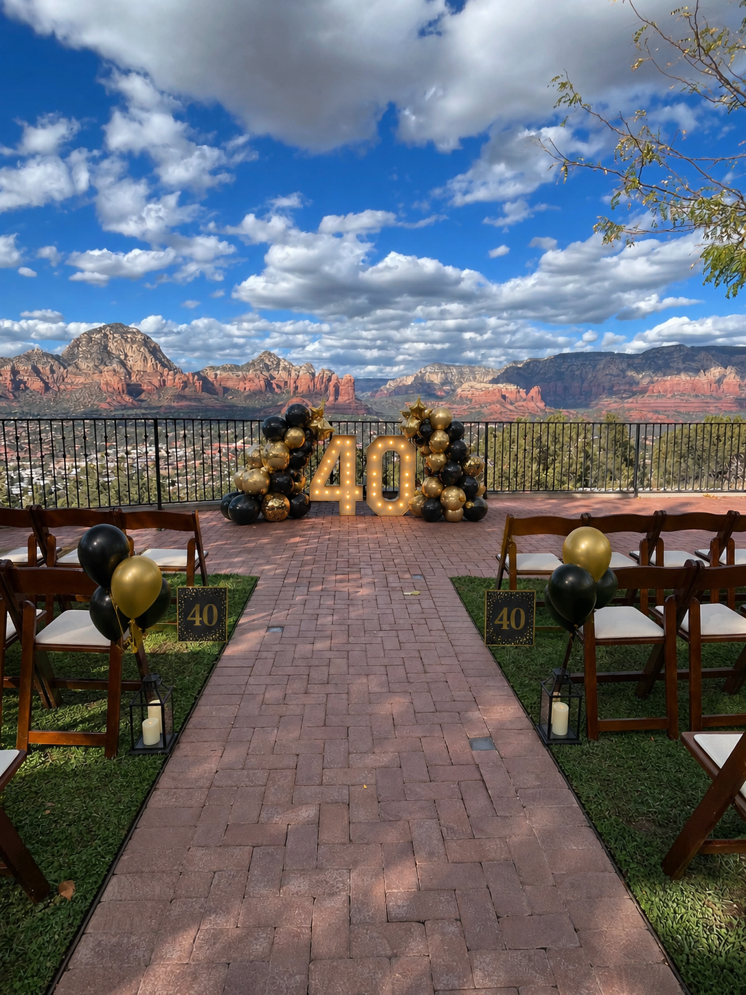 The Lookout set for an outdoor birthday celebration with Sedona red rocks beyond