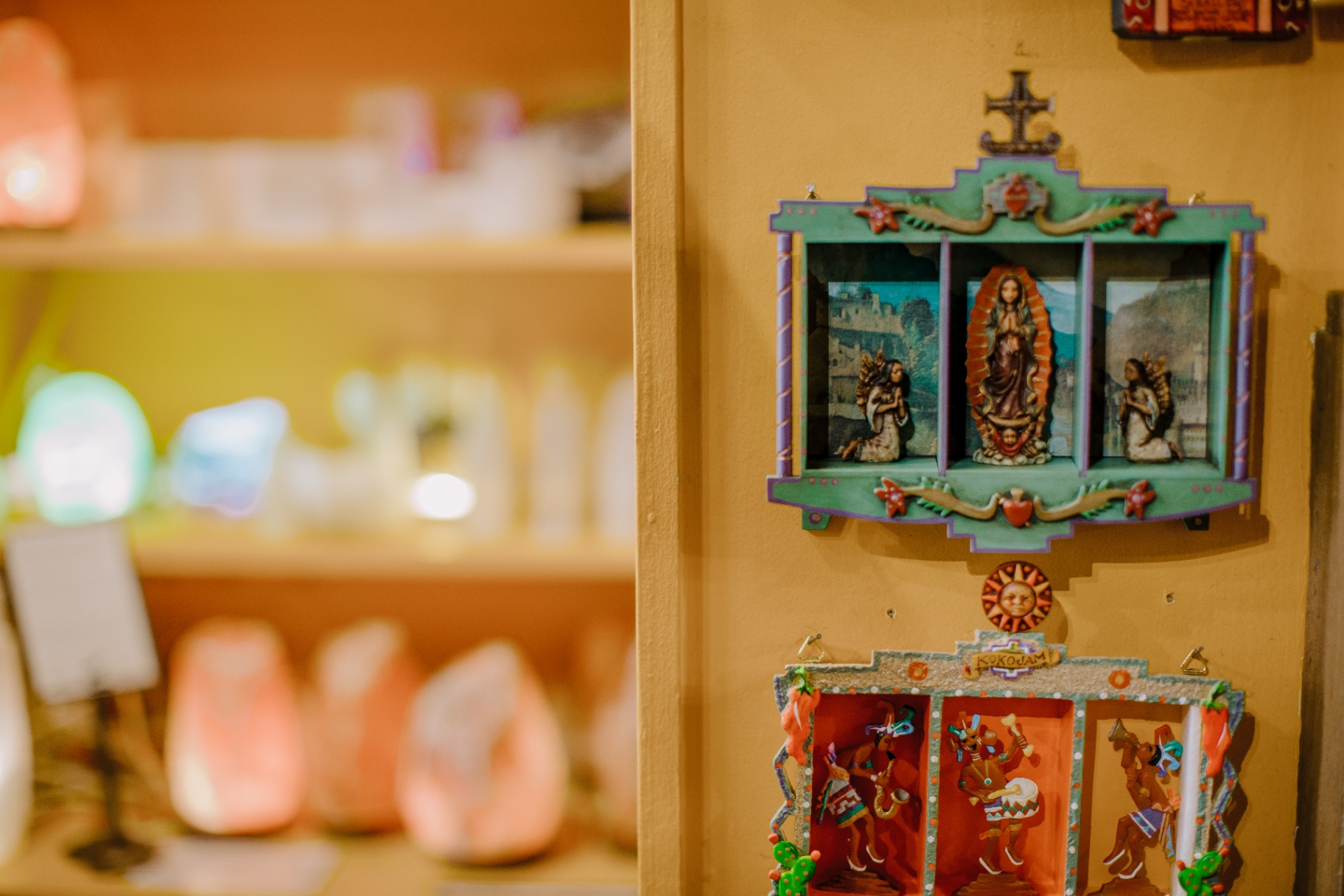 Colorful folk art display inside a Sedona boutique